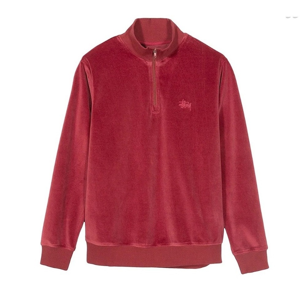 Stussy Velour LS Zip Mock Pullover Maroon Burgundy Quarter Zip Streetwear L Y2K